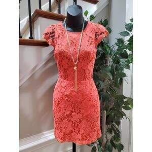 Signature8 Women Red Lace Floral Open Back Short Sleeve Knee Length Dress Small